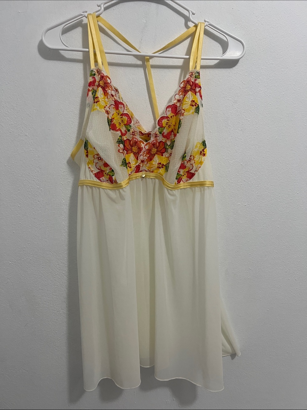 Adore me Sheer Ivory Floral Slip Dress with Yellow Trim Sleepwear Lingerie - Picture 1 of 5